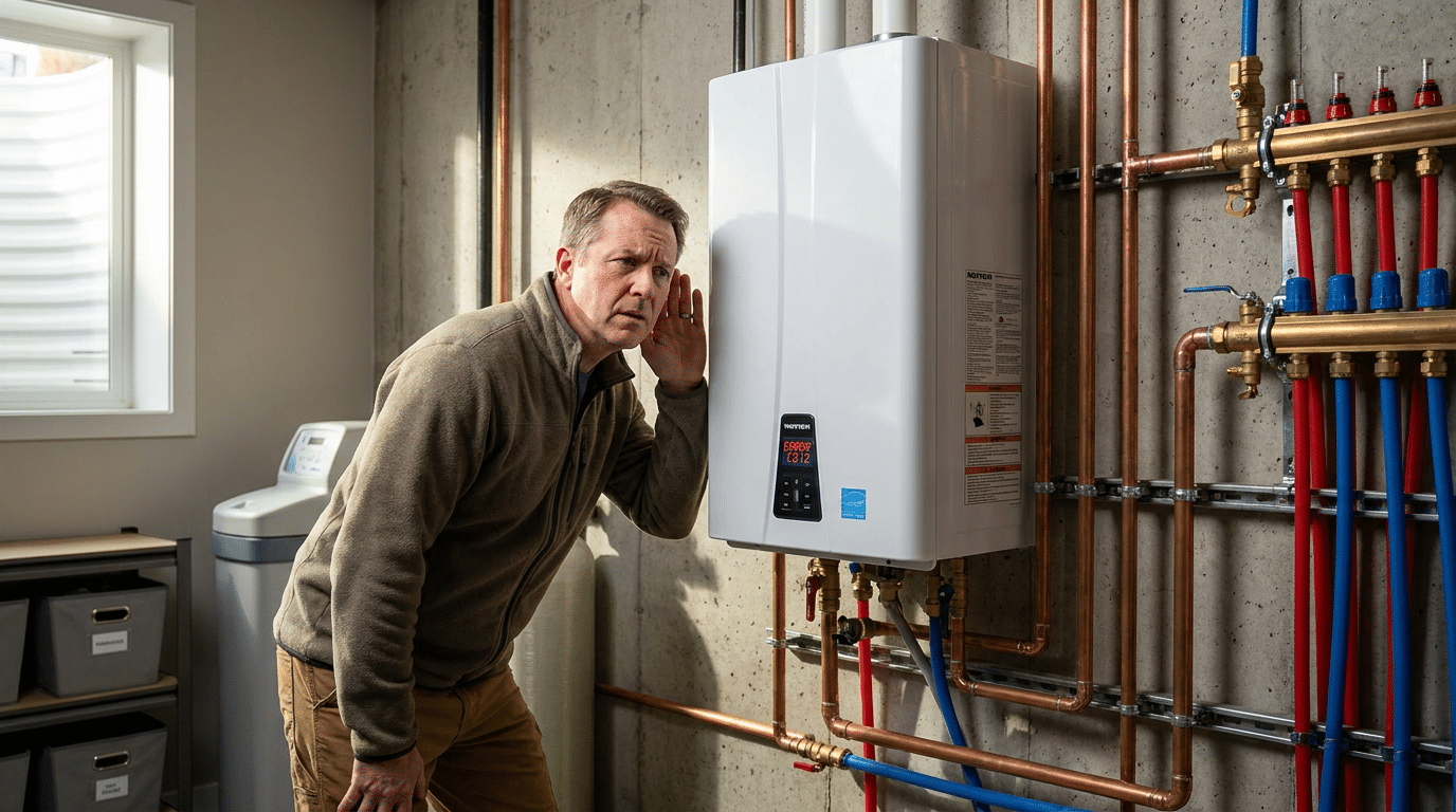 A man leans his ear against a wall-mounted tankless water heater in a utility room, listening for signs the boiler is not working. Exposed copper pipes are visible around the unit, suggesting he may need professional help or boiler repair.