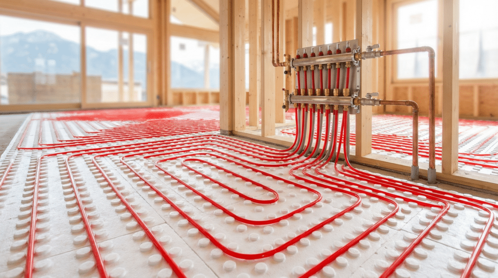 Red radiant floor heating pipes, part of hydronic heating systems, are installed in a grid pattern across the floor of a building under construction, with a manifold mounted on the wall.