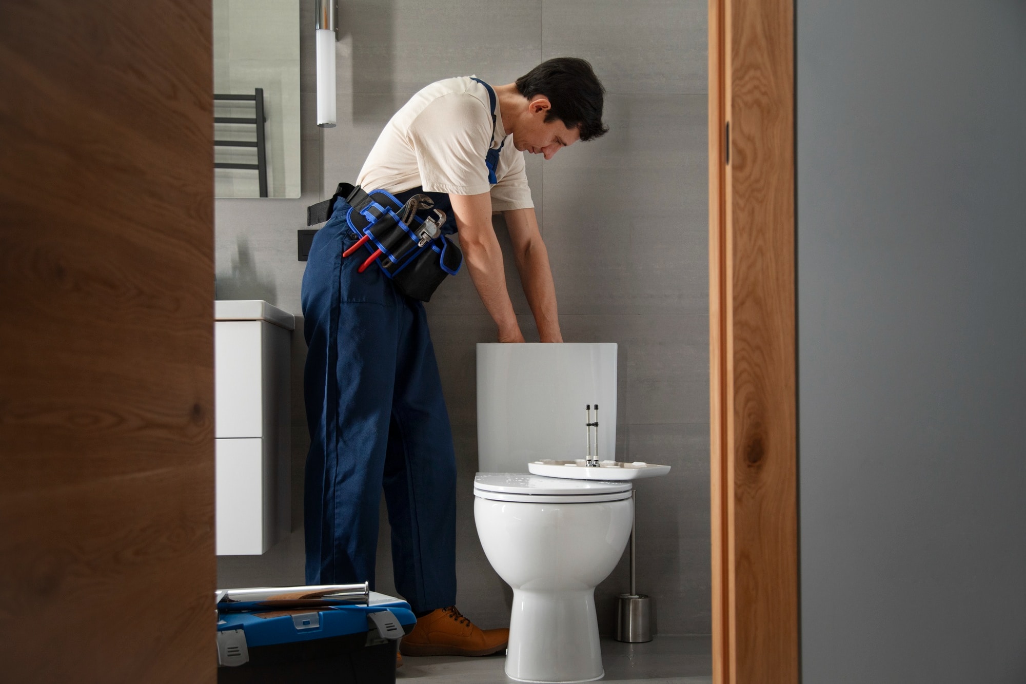 A plumbing expert in uniform repairs a toilet tank in a modern bathroom, with tools visible in a belt and a toolbox on the floor - demonstrating the professionalism you’d expect from leading Heating Experts in Salt Lake City.
