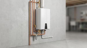 Wall-mounted tankless water heater with visible copper pipes and fittings installed on a gray concrete wall in a modern Utah utility or basement room - an efficient alternative to a traditional water heater.