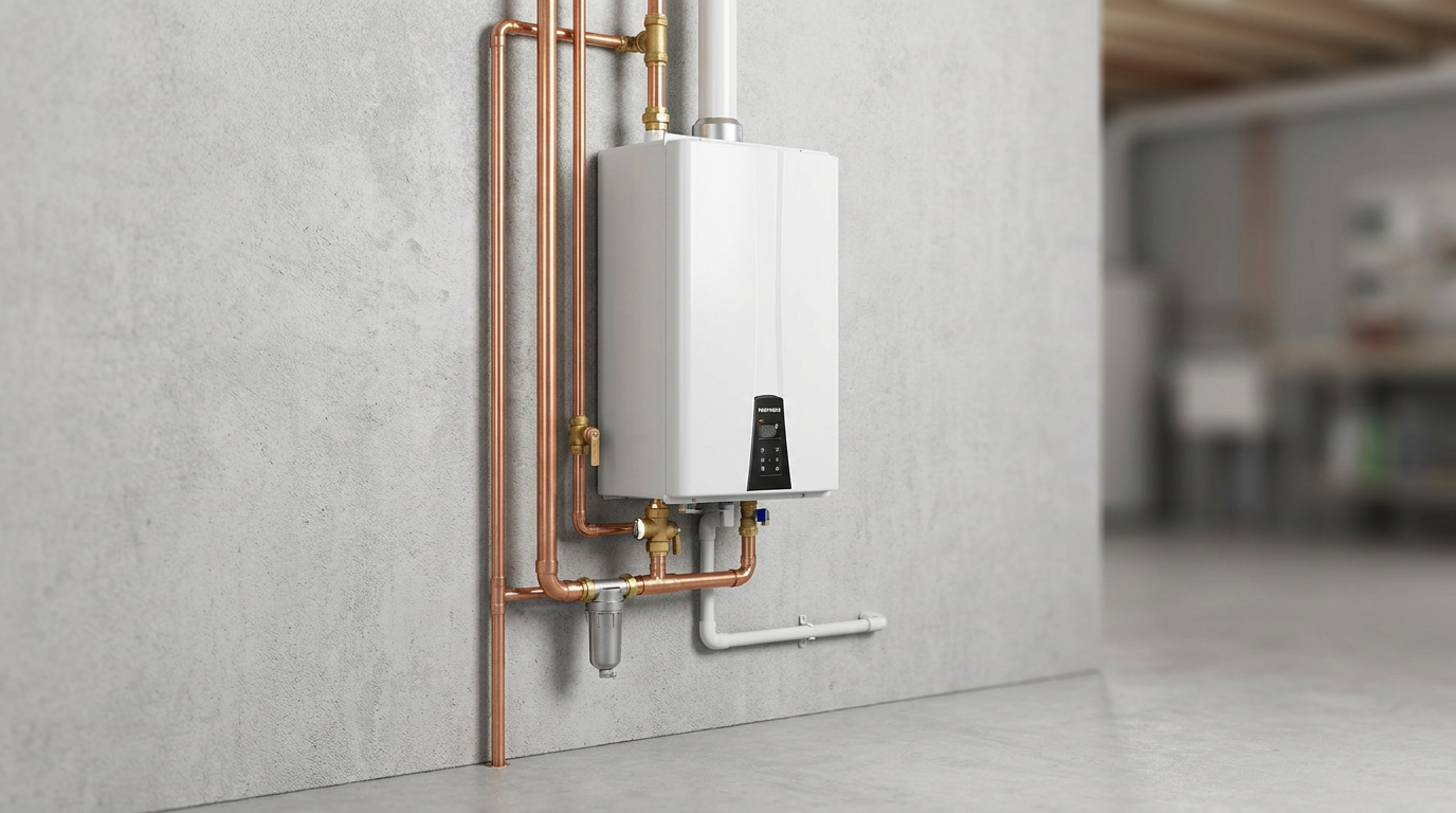 Wall-mounted tankless water heater with visible copper pipes and fittings installed on a gray concrete wall in a modern Utah utility or basement room—an efficient alternative to a traditional water heater.