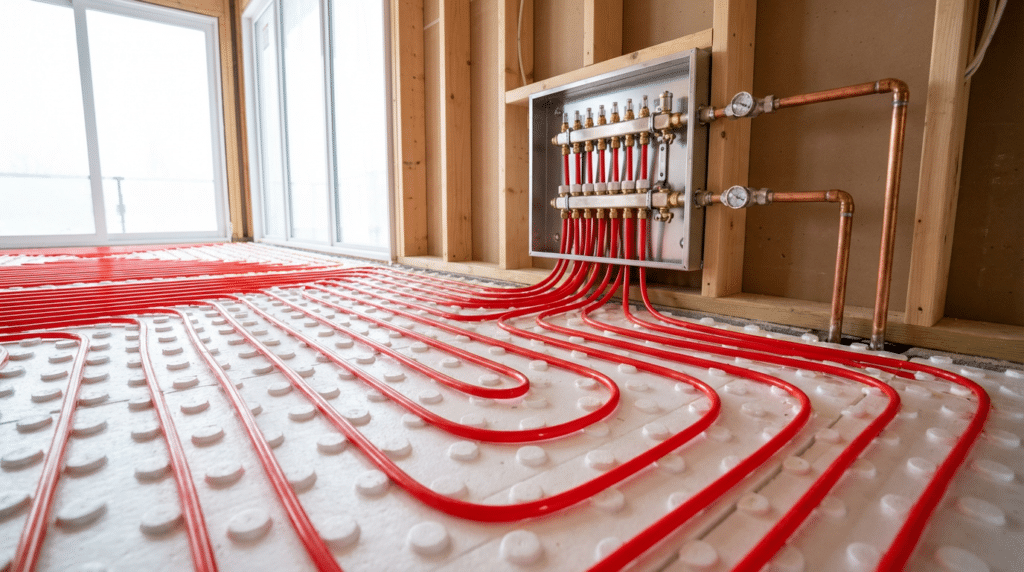 Red tubes of a hydronic heating system are installed on a white panel in a room with unfinished wooden walls and exposed piping, showcasing efficient heating systems often used in Utah homes.