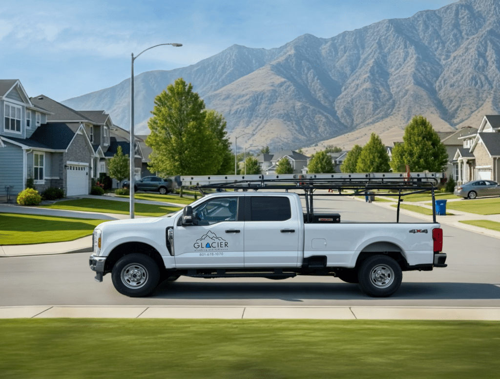 A white pickup truck with ladders on top and a "Glacier Exteriors" logo, known for reliable plumbing services, is parked on a suburban street with houses and mountains in the background.