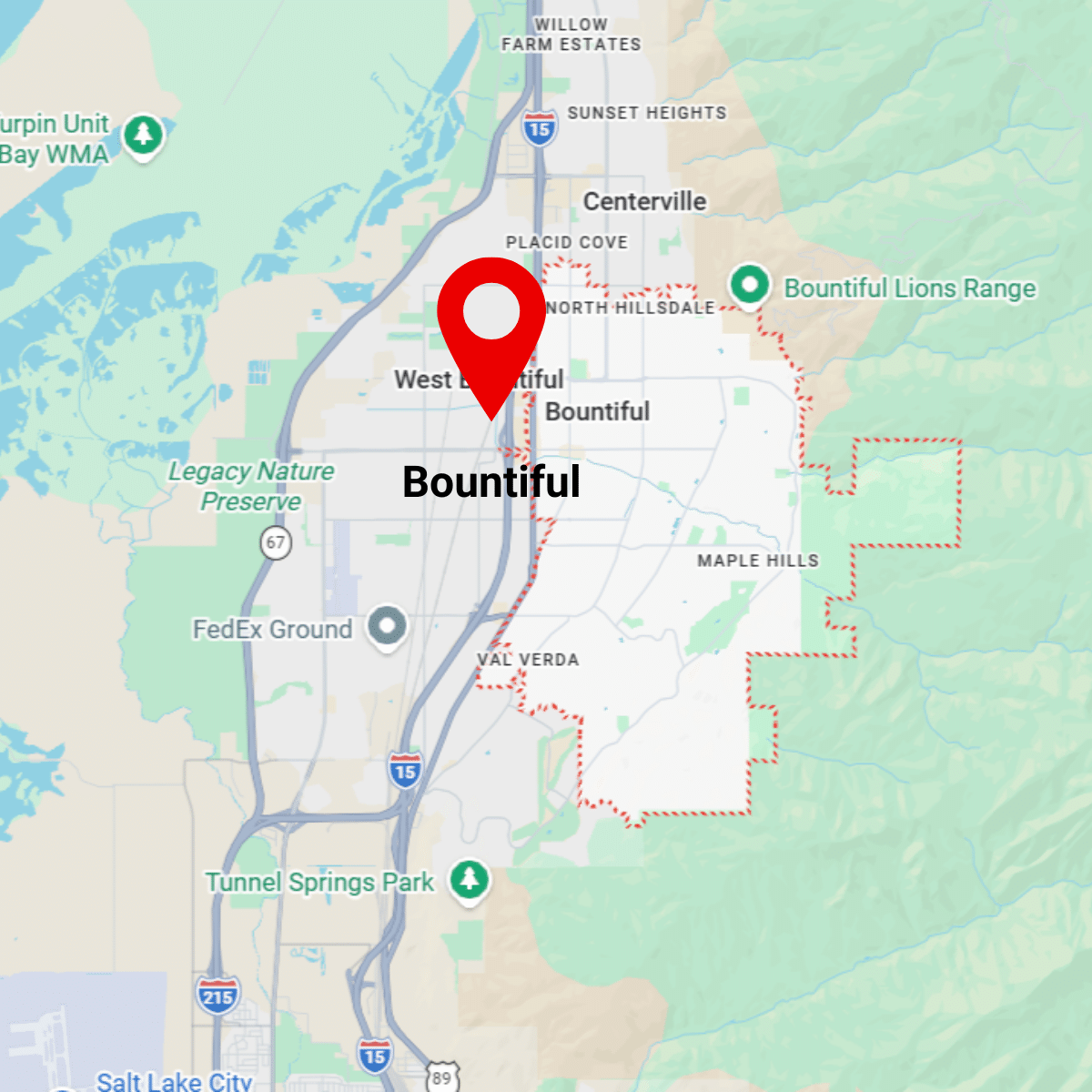 Map highlighting Bountiful, Utah, with a red location pin marking the city and nearby areas labeled, including Centerville and Tunnel Springs Park—perfect for finding a plumber in Bountiful UT for water heaters or boilers services.