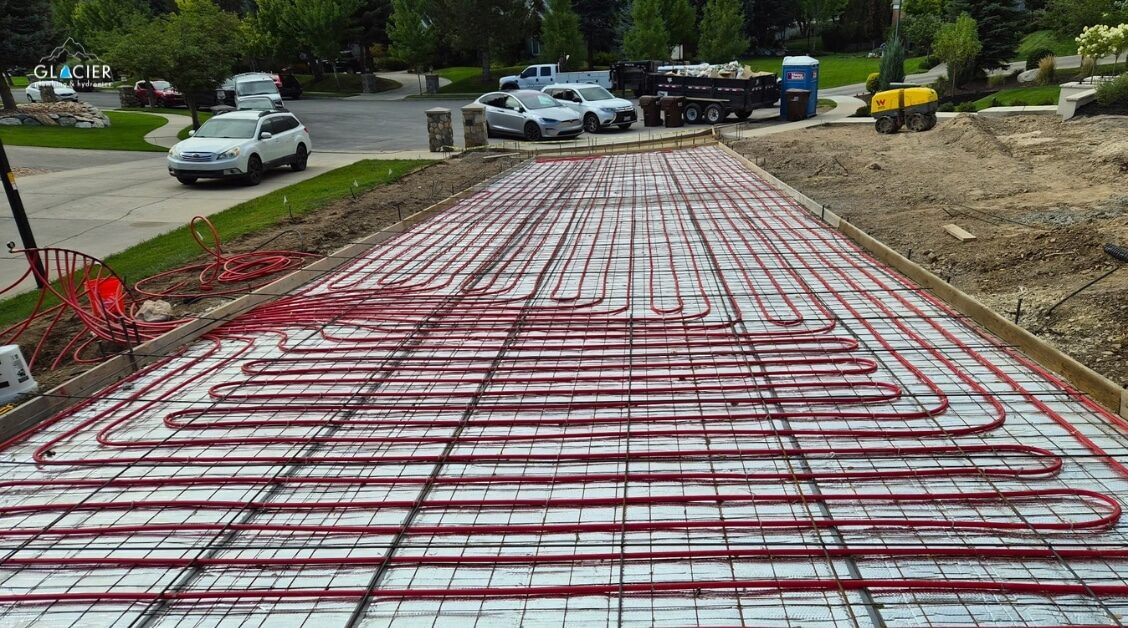 Red tubing for heated driveways is arranged in a grid pattern on a driveway, with construction vehicles and equipment in the background—giving insight into installation and heated driveway cost.