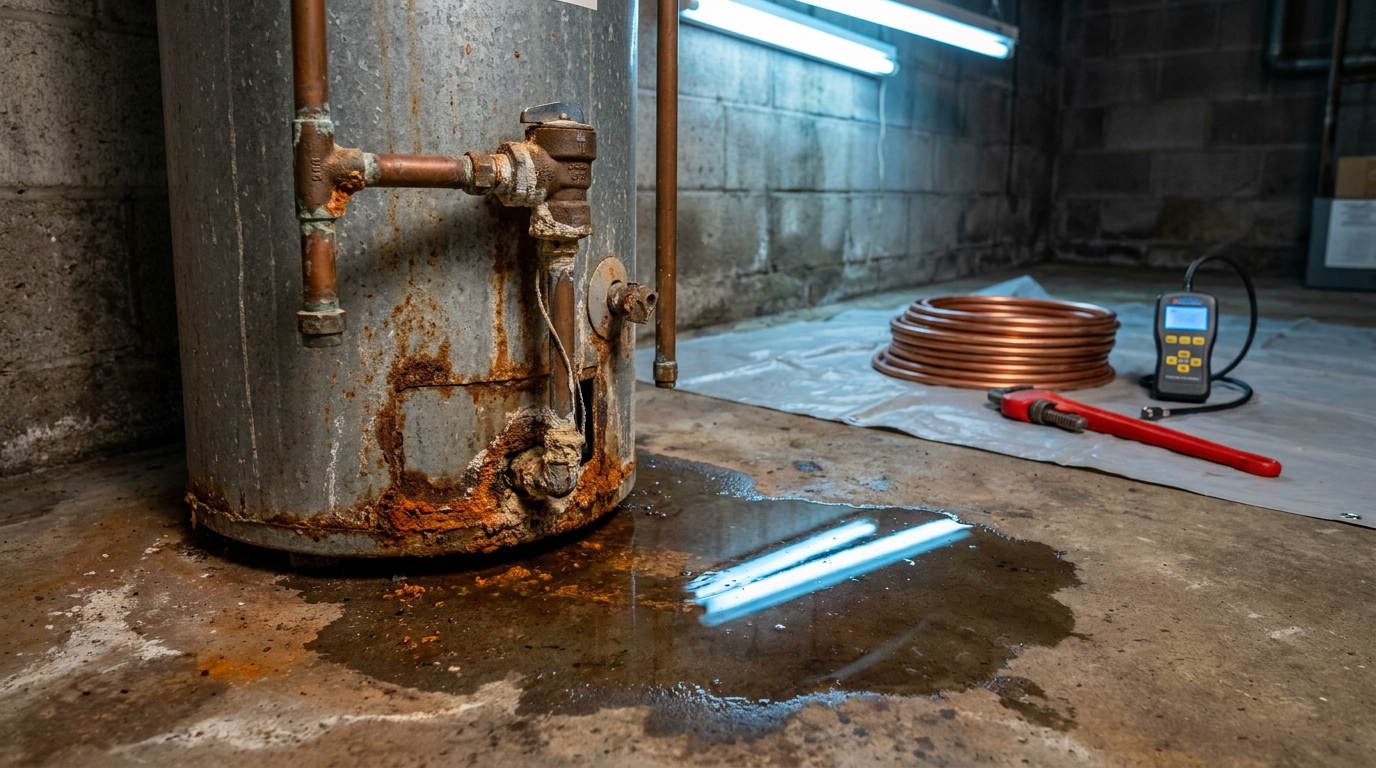 Leaking and rusted traditional water heater on a concrete basement floor in Utah, with a puddle of water; tools and copper piping are visible nearby.