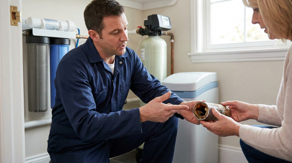 A plumber in blue coveralls explains how hard water can cause pipe corrosion to a woman holding a rusty, clogged pipe in a home with water filtration equipment and water softeners.
