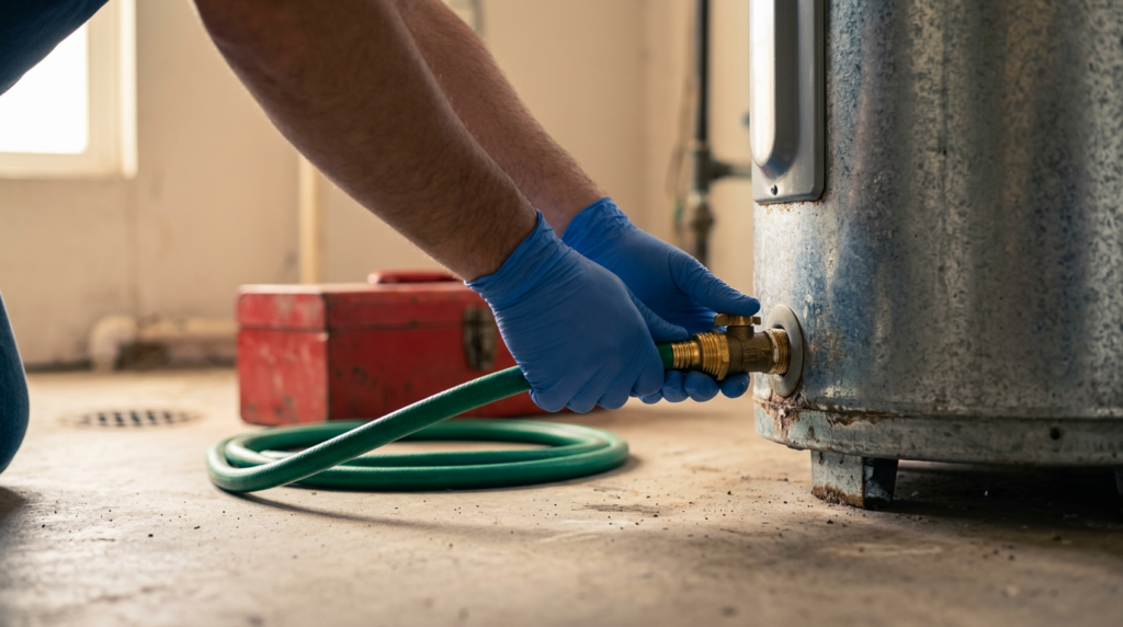 A person wearing blue gloves attaches a green hose to the drain valve of a water heater in a garage or utility room, demonstrating a typical step in water heater repair often discussed in FAQ sections about common questions homeowners have.