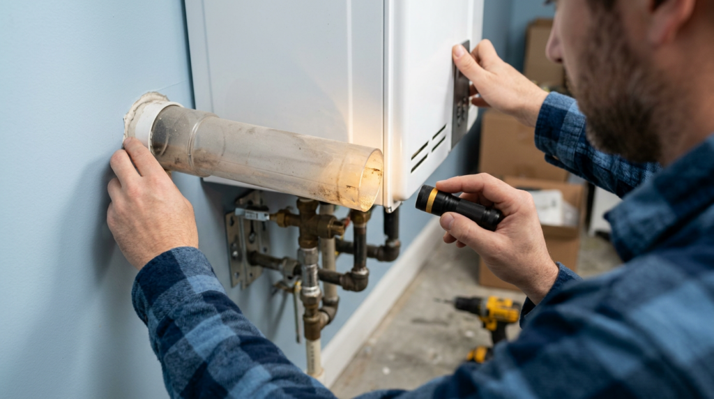 A person in a plaid shirt inspects a water heater pipe with a flashlight, checking the connection near a wall-mounted unit - possibly conducting tankless water heater repair. Tools and pipes are visible in the background, creating a scene often found in detailed tankless water heater reviews or recommendations.