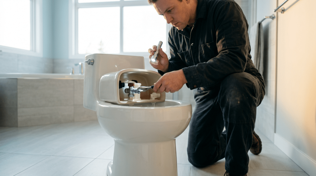 A man kneels beside a toilet, using a flashlight and tool to inspect or repair the components inside the toilet tank in a well-lit North Salt Lake bathroom, possibly handling bidet services as part of routine maintenance.