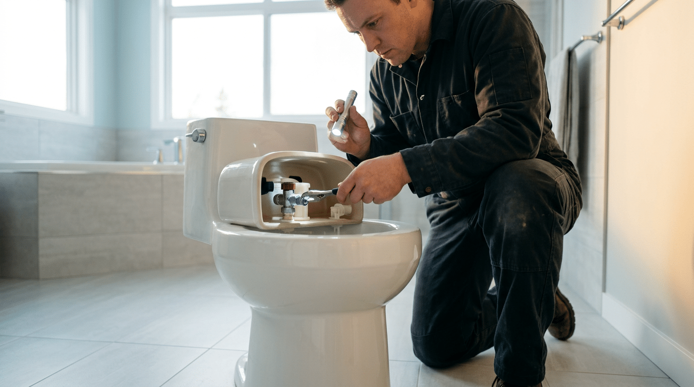A man kneels beside a toilet, using a flashlight and tool to inspect or repair the components inside the toilet tank in a well-lit North Salt Lake bathroom, possibly handling bidet services as part of routine maintenance.