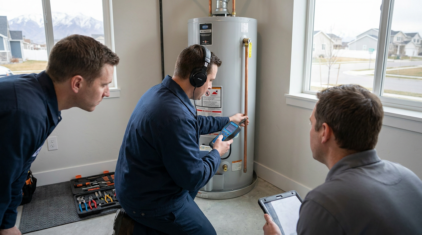 Three technicians in work uniforms inspect a water heater for leak detection with digital devices and tools, inside a residential utility room with windows revealing a suburban Salt Lake City neighborhood.