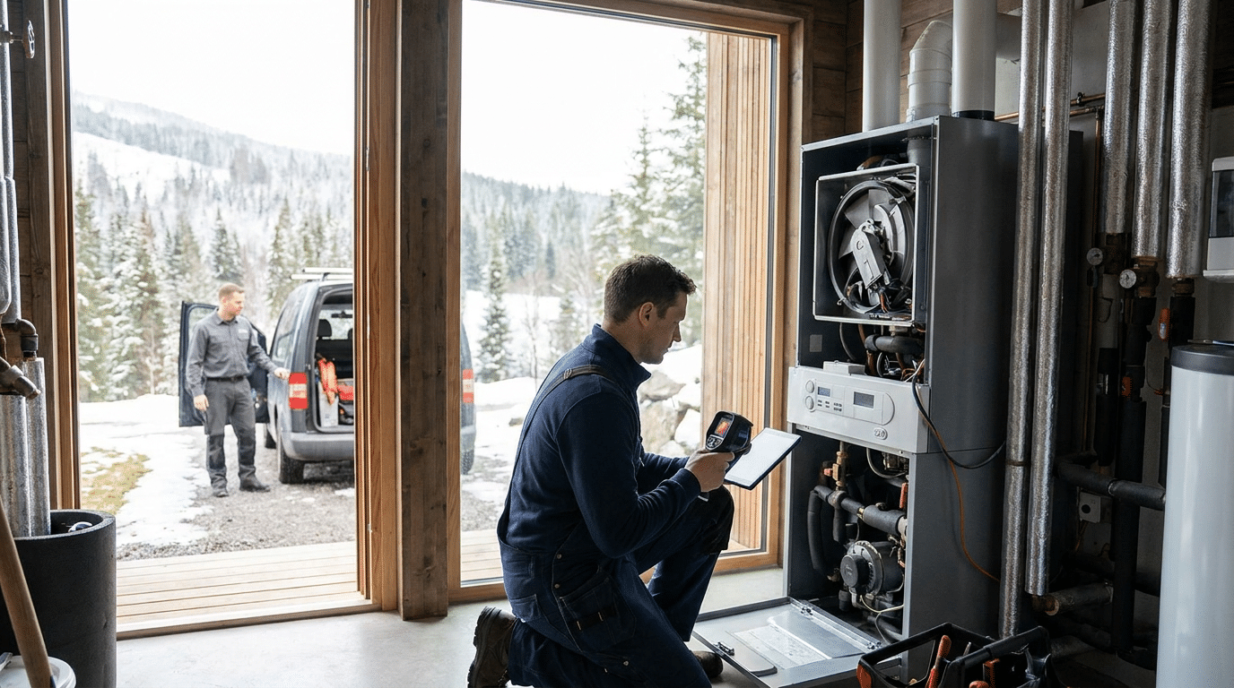 A technician in Park City kneels by a boiler, using diagnostic tools, while another person stands outside near a van on a snowy day - ensuring reliable radiant heating for winter comfort.
