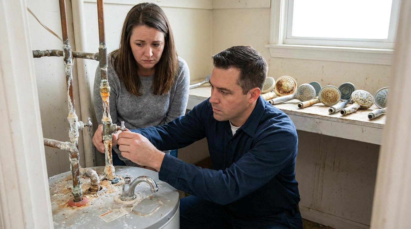 A man and a woman inspect and work on corroded pipes attached to a water heater in a home utility room, likely addressing hard water issues, with several showerheads on the counter.