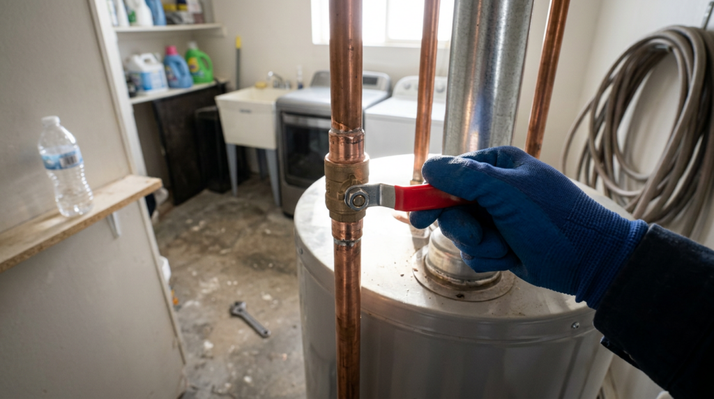 A gloved hand turns a red valve on a copper pipe connected to a water heater in a utility room with a washer, dryer, and cleaning supplies - a scene familiar to anyone searching for quick answers in the Water Heater FAQ or facing unexpected Water Heater Repair needs.