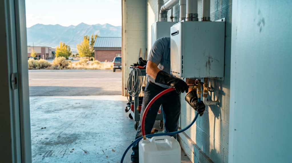 A person in work gloves connects hoses to an outdoor tankless water heater unit inside a garage, with mountains visible in the background, showcasing the careful steps often taken during tankless water heater repair.