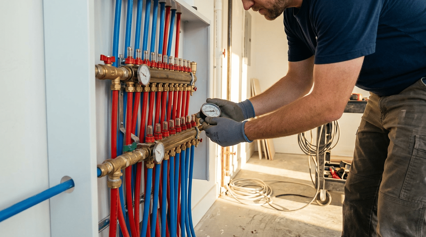 Person wearing gloves adjusts a pressure gauge on a manifold with red and blue pipes in a building under construction, ensuring optimal performance of the hydronic heating system in North Salt Lake.