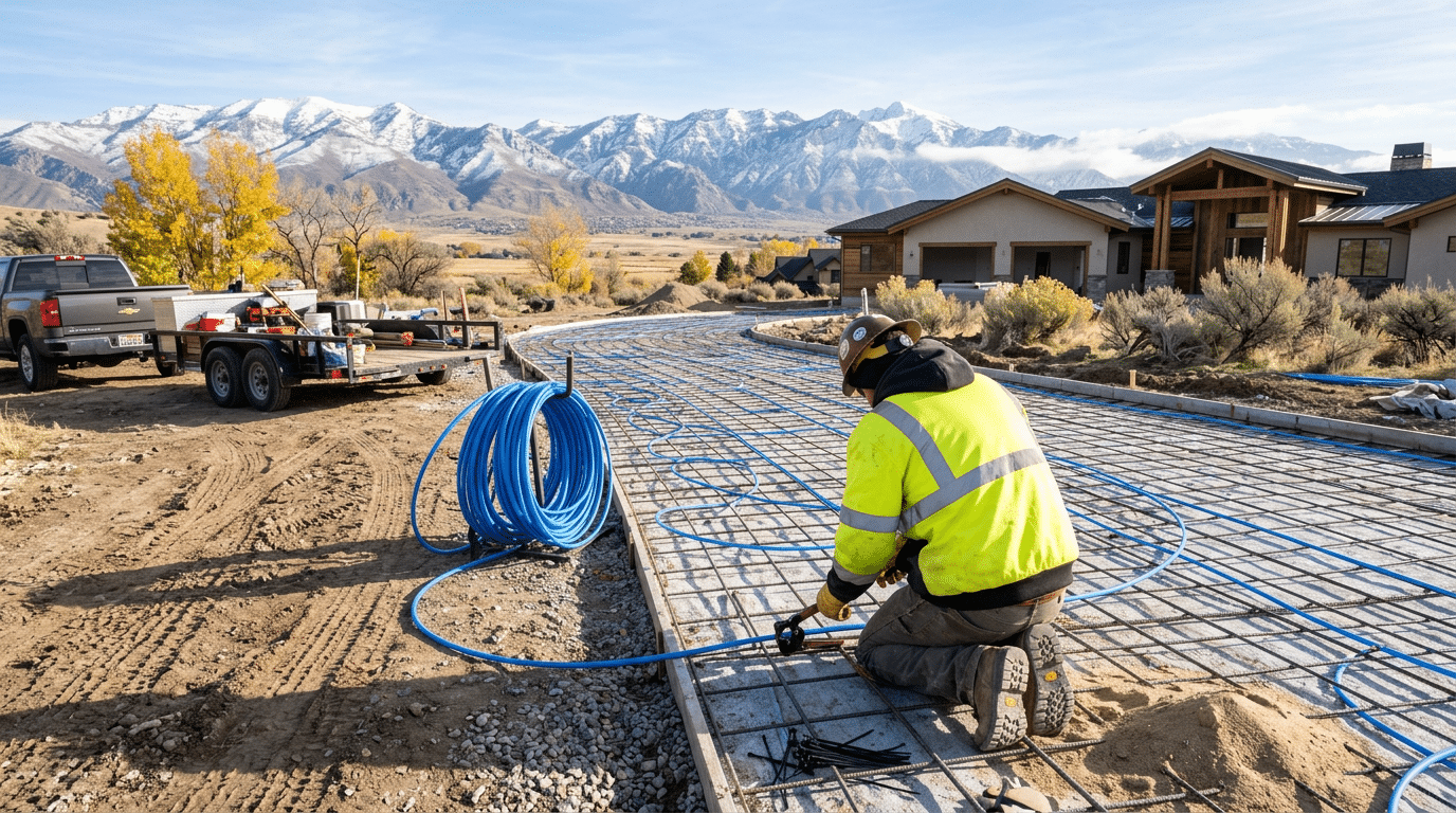 A worker in a yellow jacket installs blue tubing for radiant heating on a rebar grid for a concrete driveway in North Salt Lake, with houses and mountains visible in the rural background.