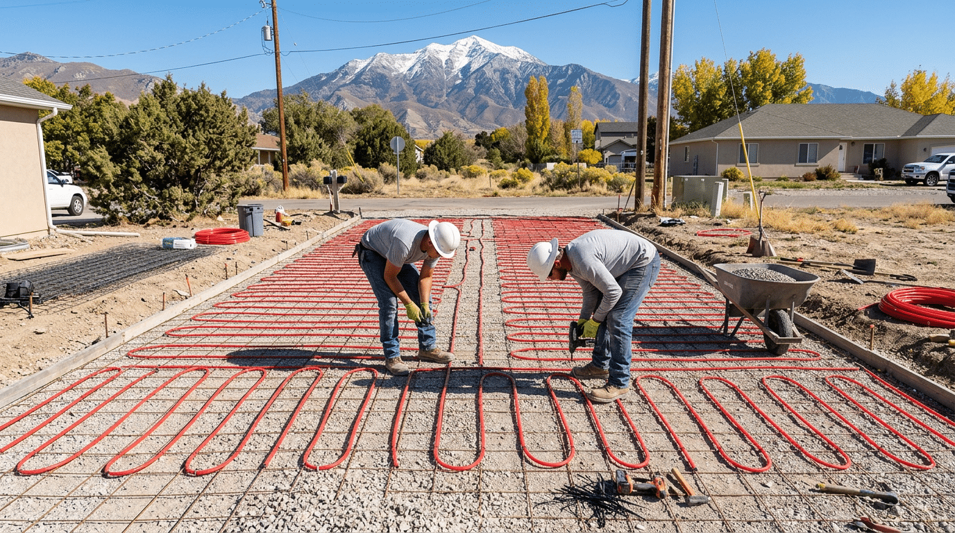Two construction workers in hard hats lay red tubing for a snowmelt system on a gravel surface in North Salt Lake, with houses and snow-capped mountains in the background.