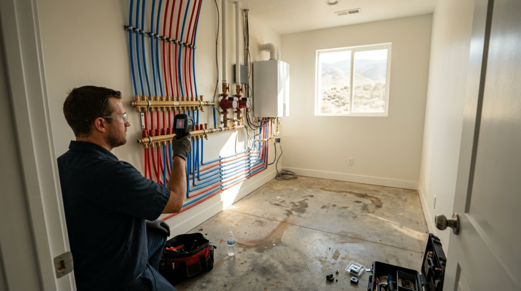 A technician uses a handheld device to inspect colored pipes and a wall-mounted hydronic system in a bright utility room with plumbing tools on the floor.