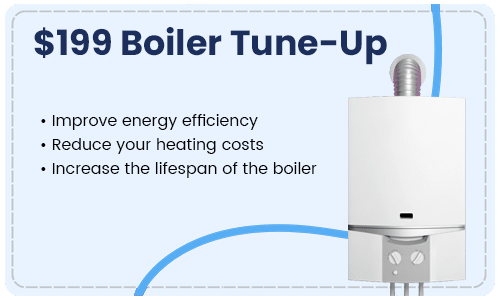Advertisement for a $199 boiler tune-up, listing benefits: improved energy efficiency, reduced heating costs, and increased boiler lifespan, with an image of a wall-mounted boiler.