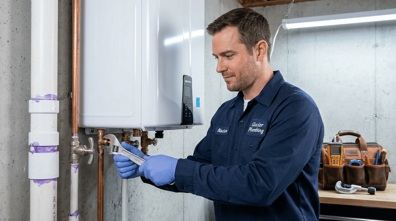 A plumber in blue gloves and uniform uses a wrench to adjust a pipe connected to a white wall-mounted tankless water heater during an installation service in a workshop.