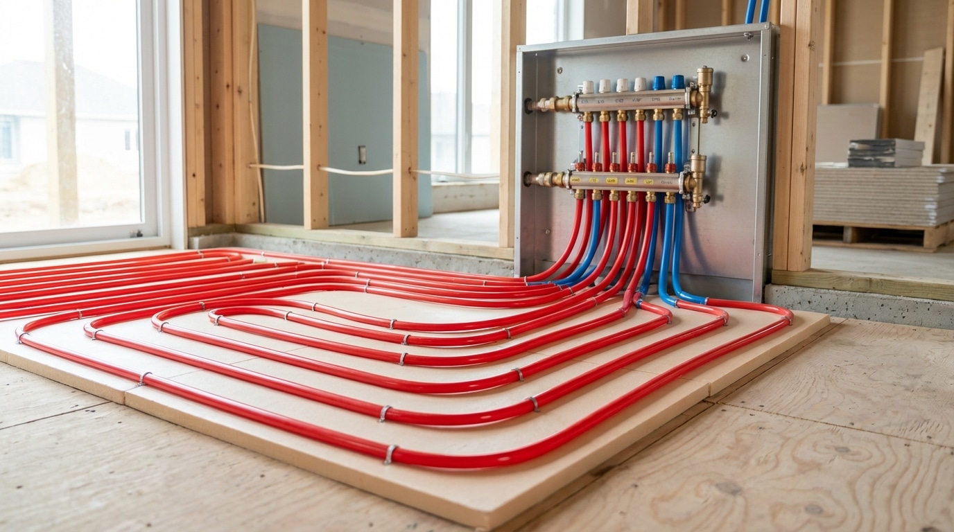 A manifold with red and blue plastic pipes is installed in the wall of a house under construction, showing hydronic heating system tubing laid out on the floor—a common feature in efficient Utah homes.