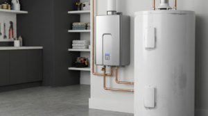 A tankless water heater and a traditional water heater with copper pipes are installed in a clean Utah home utility room, with shelves and tools in the background.