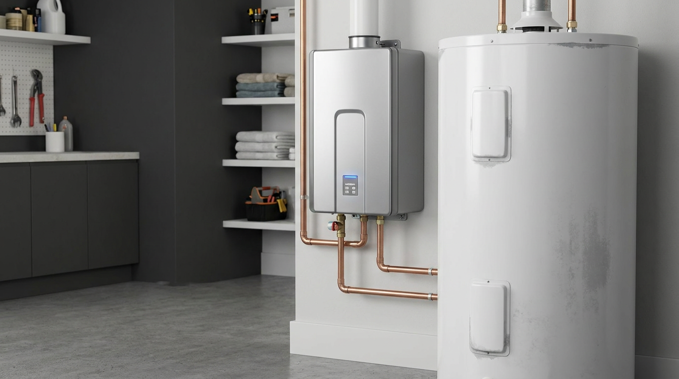A tankless water heater and a traditional water heater with copper pipes are installed in a clean Utah home utility room, with shelves and tools in the background.