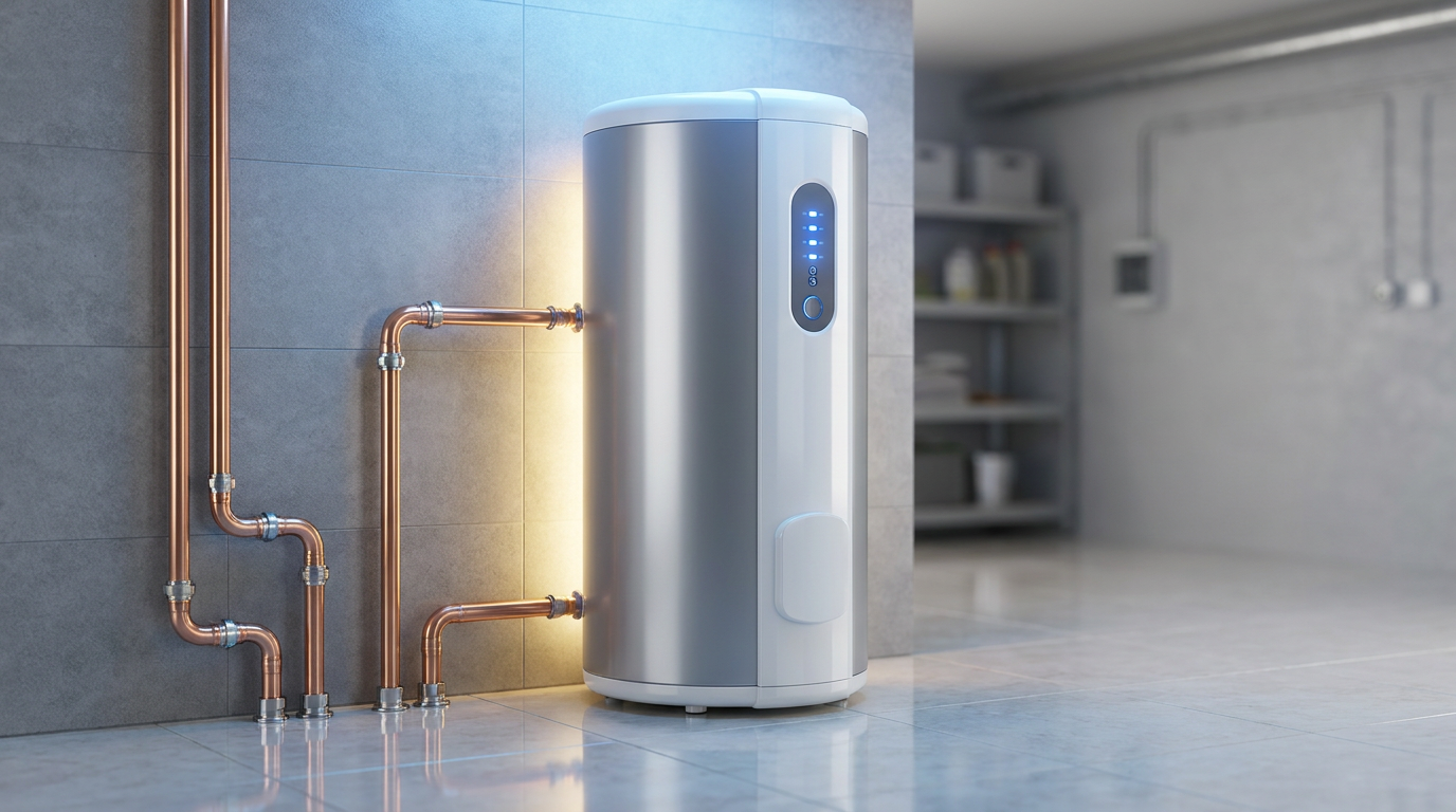 A modern electric water heater with digital display, ideal for Water Heater Replacement or Installation in Salt Lake City, is connected to copper pipes in a clean, tiled utility room.