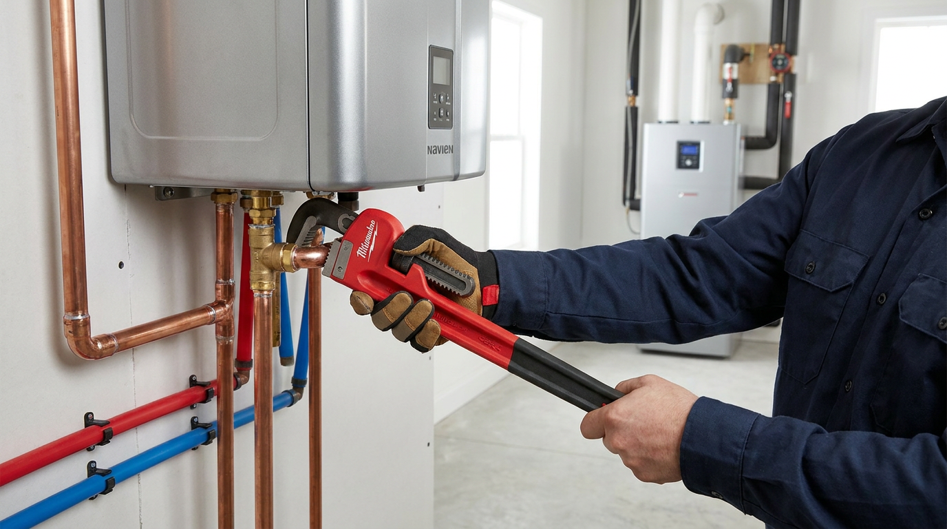 Wearing work gloves, a person uses a red pipe wrench to adjust copper piping connected to a wall-mounted tankless water heater in a utility room—a typical scene for Glacier Plumbing’s hydronics specialists serving Park City.