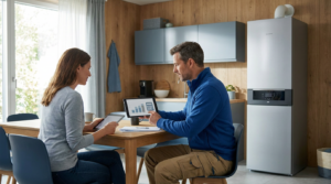 Two people sit at a wooden dining table in a modern kitchen, looking at a tablet and a laptop with charts about boiler repair costs displayed on their screens.