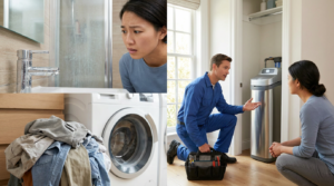 A woman inspects hard water issues at home, including a dirty shower and laundry machine. A technician explains how water softeners can help solve these problems.
