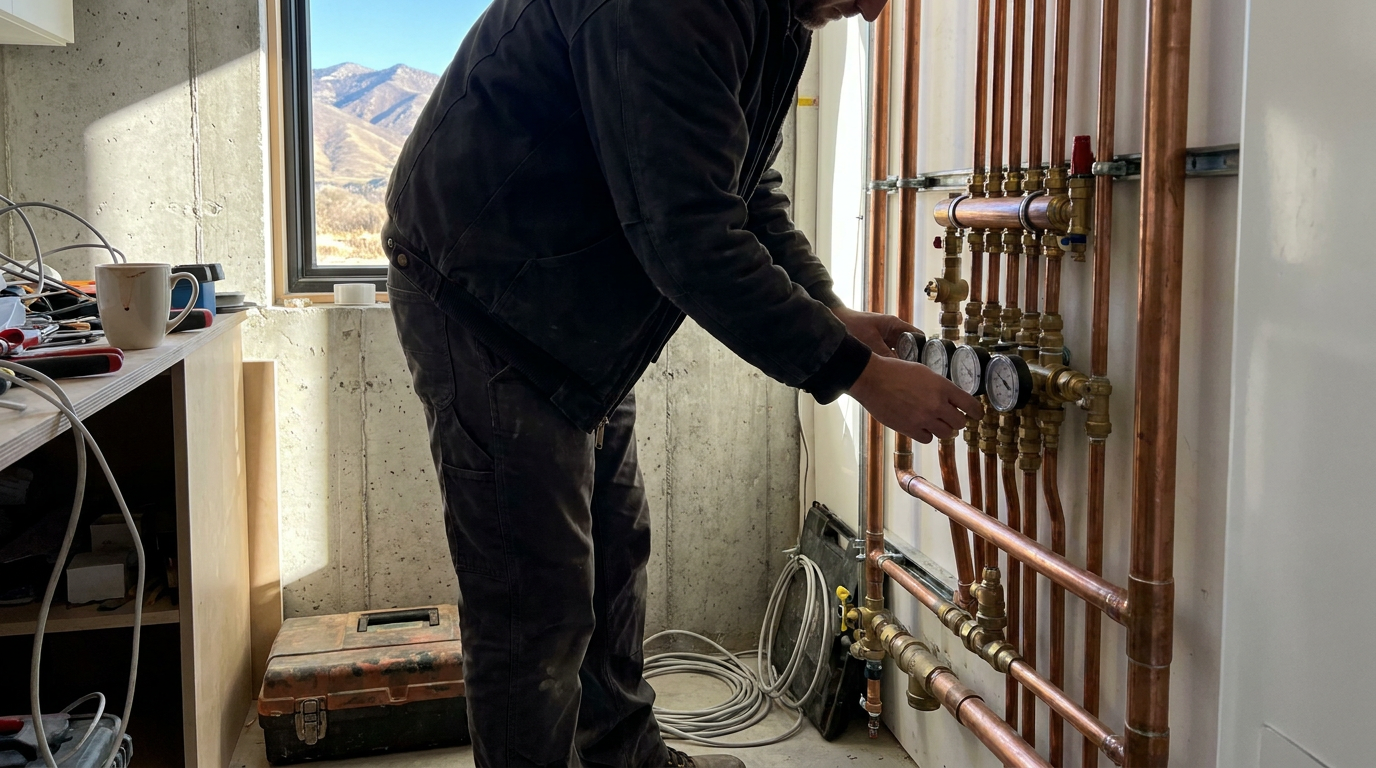 A person adjusts gauges on a set of copper pipes in a utility room, working with hydronics and plumbing systems, with tools and wires visible nearby—typical of maintenance tasks in Park City homes.