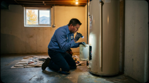 A technician kneels on a basement floor, expertly focused on water heater repair with tools and a flashlight, near a window with daylight coming through. This scene addresses many common questions homeowners might have about maintaining or fixing their water heaters, making it the perfect visual for an FAQ on troubleshooting and solutions.