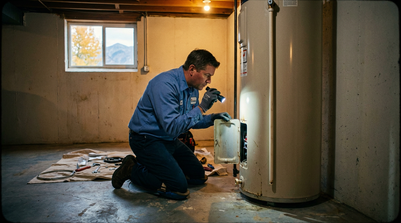 A technician kneels on a basement floor, expertly focused on water heater repair with tools and a flashlight, near a window with daylight coming through. This scene addresses many common questions homeowners might have about maintaining or fixing their water heaters, making it the perfect visual for an FAQ on troubleshooting and solutions.