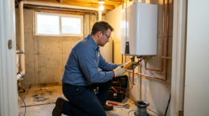A man kneels in a basement, inspecting a wall-mounted tankless water heater with tools and wires nearby, carefully assessing it for repair as he considers various recommendations and reviews.