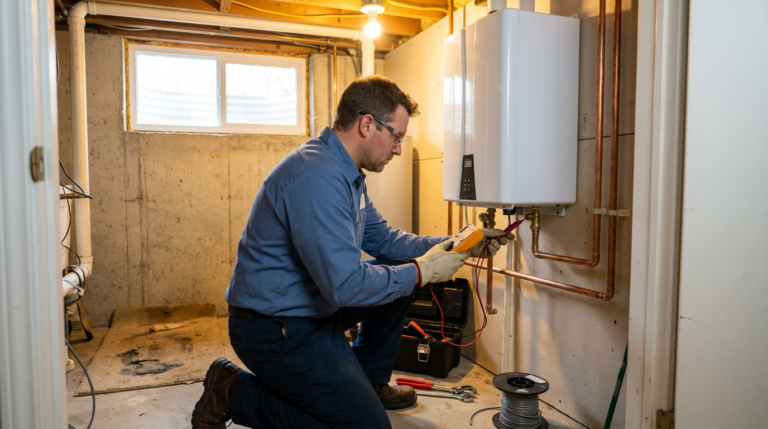 A man kneels in a basement, inspecting a wall-mounted tankless water heater with tools and wires nearby, carefully assessing it for repair as he considers various recommendations and reviews.