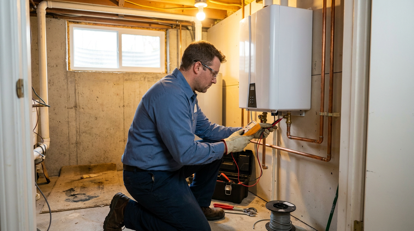 A man kneels in a basement, inspecting a wall-mounted tankless water heater with tools and wires nearby, carefully assessing it for repair as he considers various recommendations and reviews.