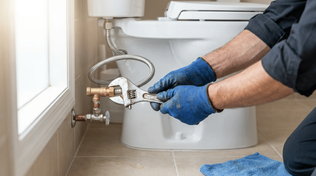 A person wearing blue gloves uses a wrench to tighten a pipe connection near a toilet, with a blue cloth on the floor—demonstrating professional Bidet Services in North Salt Lake.