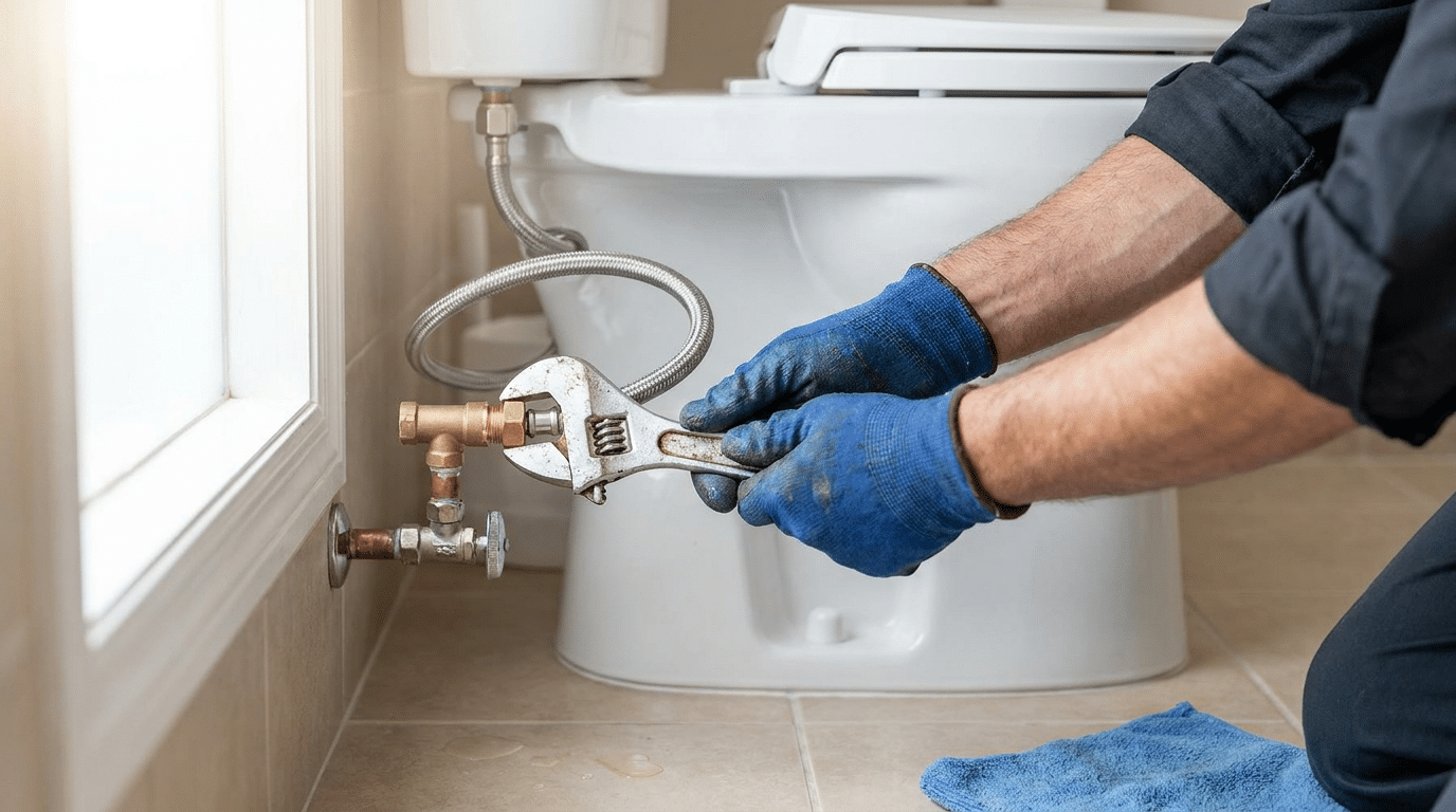 A person wearing blue gloves uses a wrench to tighten a pipe connection near a toilet, with a blue cloth on the floor—demonstrating professional Bidet Services in North Salt Lake.