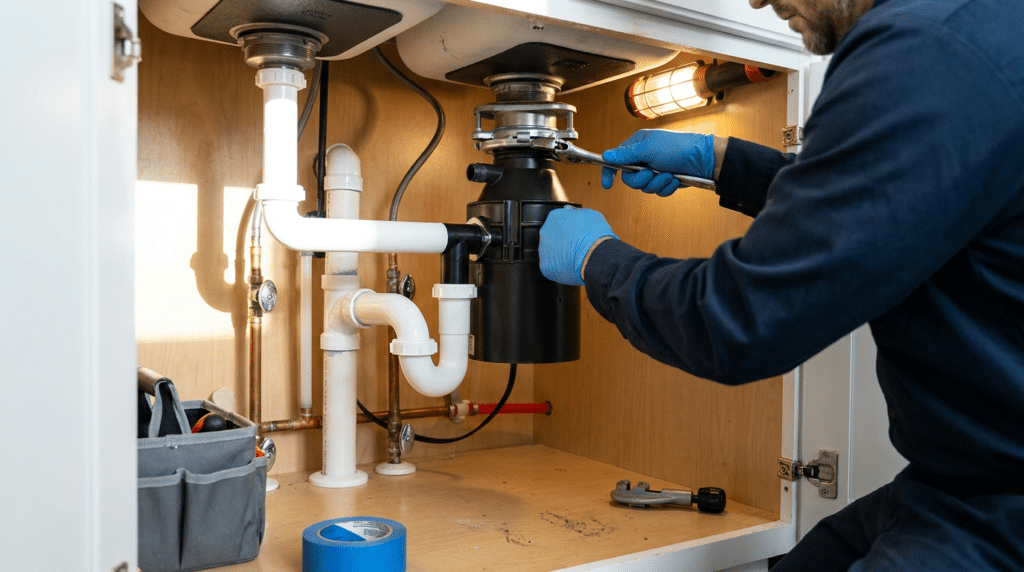 A person wearing gloves works on a garbage disposal installation under a kitchen sink in North Salt Lake, surrounded by plumbing pipes and repair tools.