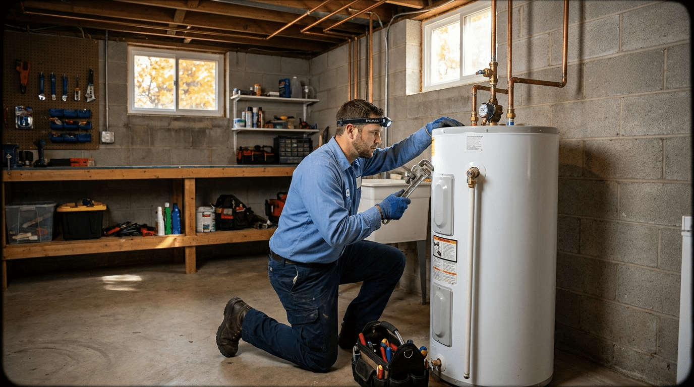 A man wearing work gloves and safety glasses uses a wrench to adjust a water heater in a basement workshop with tools on a bench, demonstrating expert Water Heater Repair in North Salt Lake.