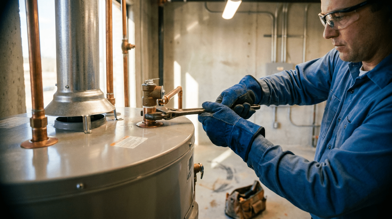 A person wearing gloves and safety glasses uses a wrench to adjust pipes on a commercial water heater during an installation in a utility room in North Salt Lake.