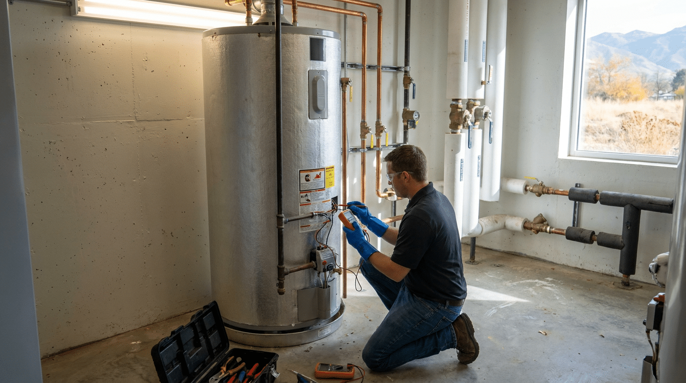 A person wearing gloves kneels to inspect and perform commercial water heater repair in a utility room in North Salt Lake, using tools and testing equipment to ensure optimal performance.