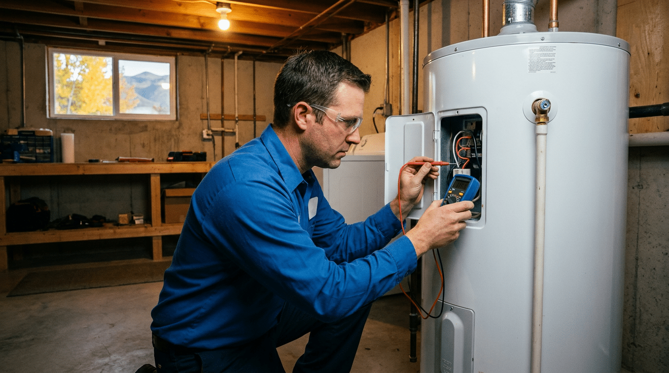 A man wearing safety glasses tests the wiring on an electric water heater with a multimeter in a North Salt Lake basement workshop.
