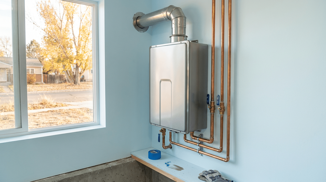 Wall-mounted tankless water heater with copper pipes installed in a room with light blue walls and a window showing trees outside, perfect for homes in North Salt Lake seeking efficient Tankless Water Heaters solutions.