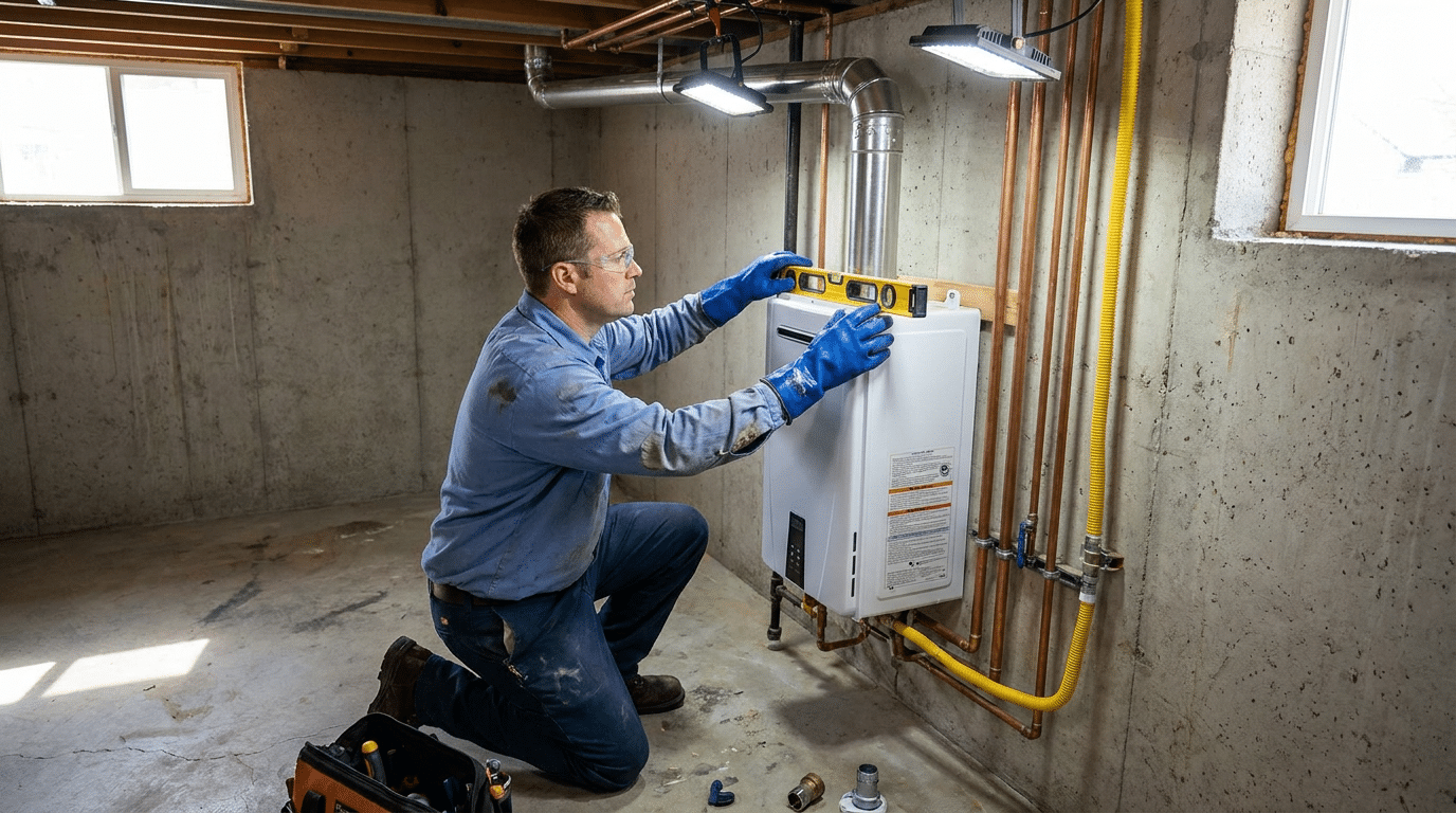 A worker in protective gear uses a level tool to install a tankless water heater on a basement wall with visible pipes and electrical wiring, showcasing the quality installation service available in North Salt Lake.