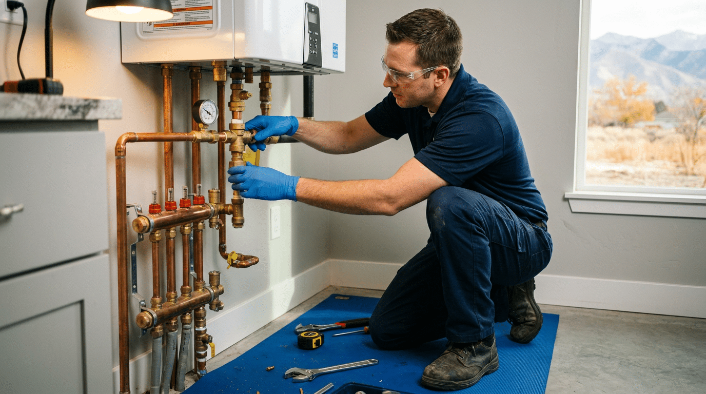A plumber wearing gloves and safety glasses adjusts copper pipes connected to a tankless water heater in a utility room, providing expert boiler services in North Salt Lake.