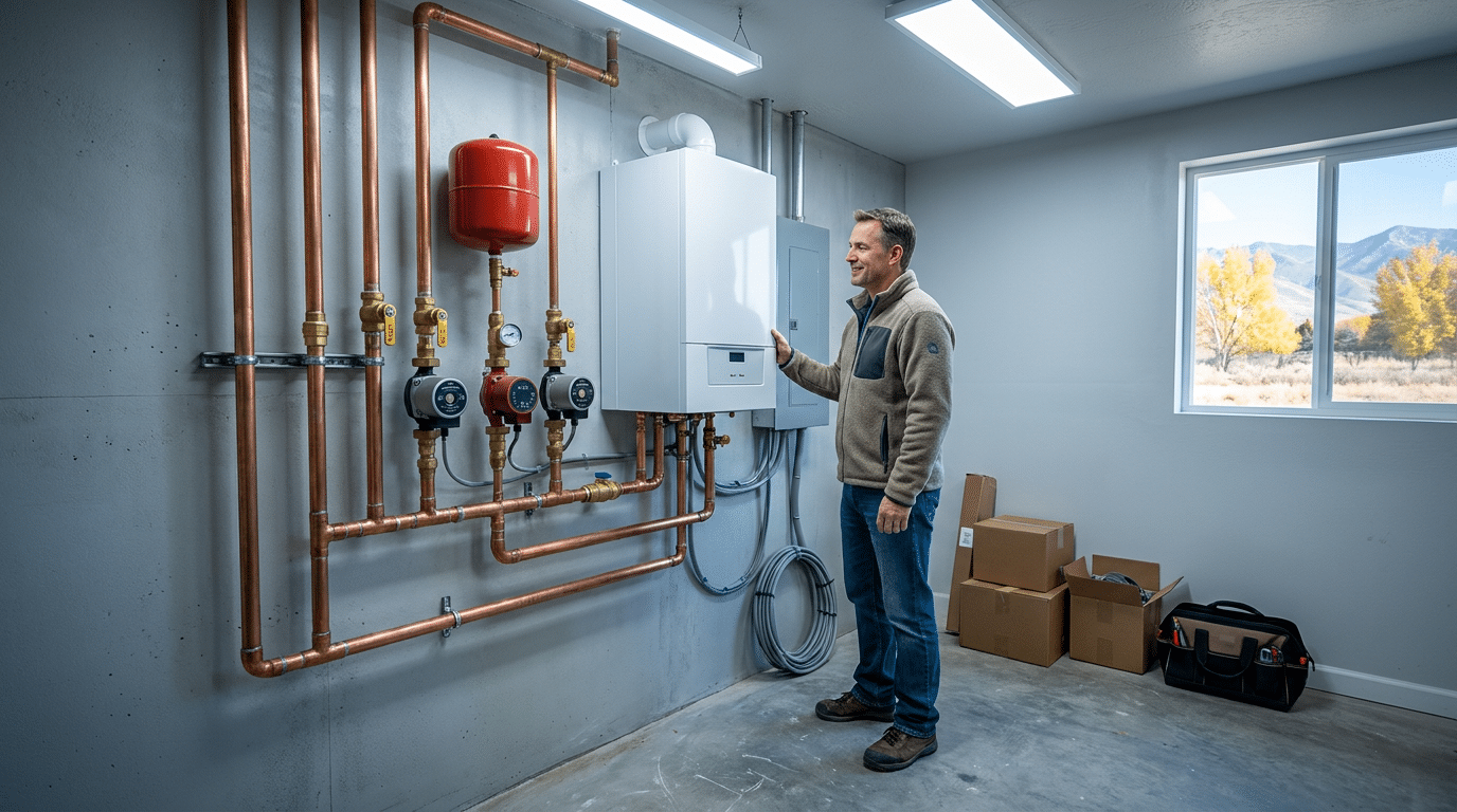 A man stands in a clean utility room in North Salt Lake beside a wall-mounted boiler system with copper pipes, near cardboard boxes and a window showing trees and mountains, highlighting a recent boiler installation.